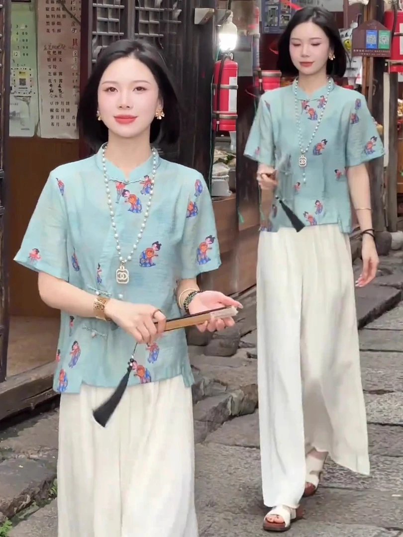 新中式国风套装女2025夏季新款洋气盘扣短袖衬衫阔腿裤气质两件套