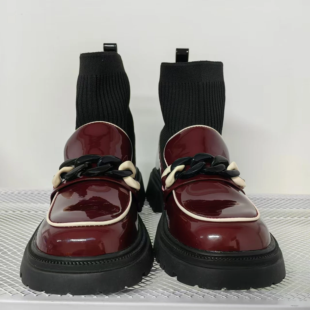 童靴女学院风袜靴金属百搭英伦风时尚漆皮乐福鞋女鞋玛丽珍236906