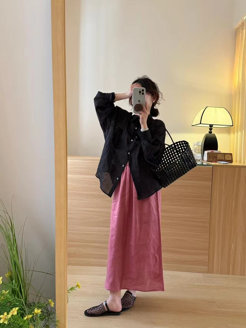 2025早秋新款轻薄防晒黑色衬衫高级感韩系设计感上衣女百搭半身裙
