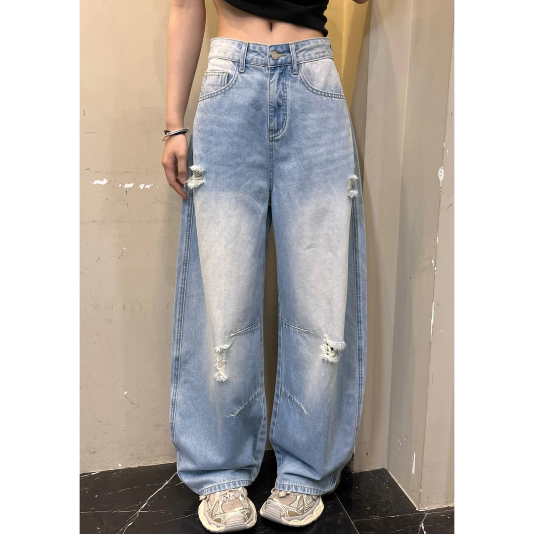 凡Fan【雅痞松弛】2025夏季新款破洞水洗软牛仔垂感百搭弯刀裤