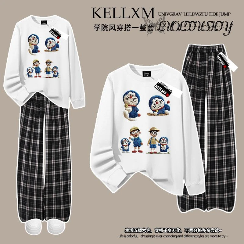 男女童仿刺绣哆啦A梦纯棉螺纹长袖t恤格子裤套装2025春秋中大童潮