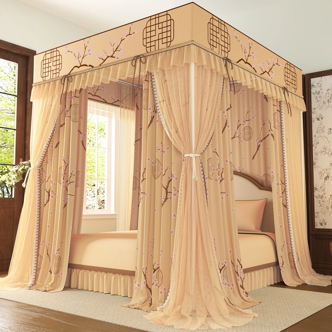 新款蚊帐床幔布帘遮光防尘抗寒宫廷式落地四柱通用公主风家用卧室