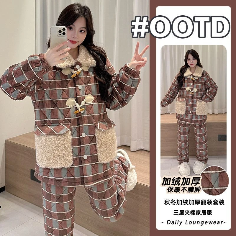 连帽睡衣女2025年秋冬季海岛绒三层夹棉加绒加厚珊瑚绒家居服套装