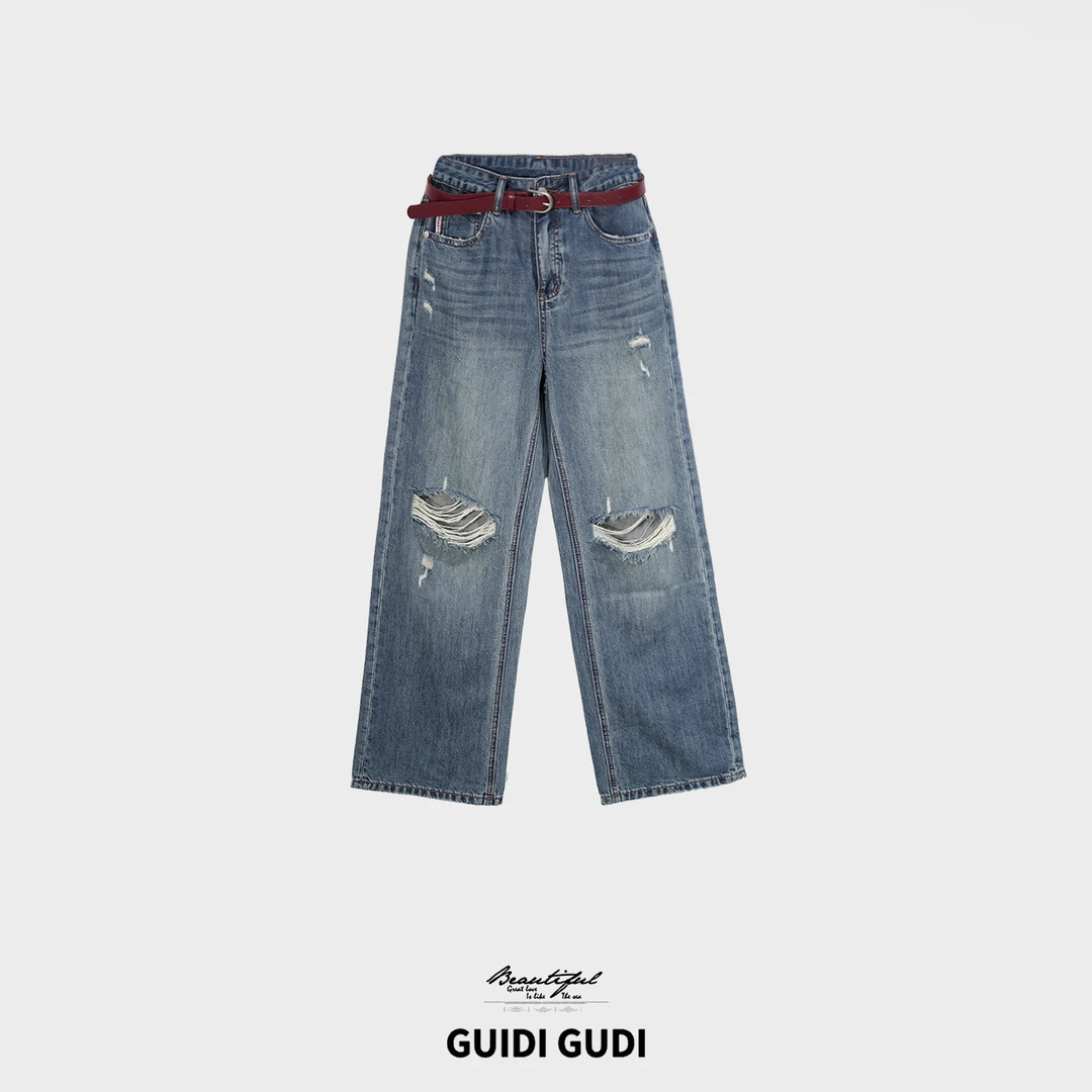 GUIDI GUDI【破碎时空】气质时尚破洞休闲牛仔裤/黄加蓝