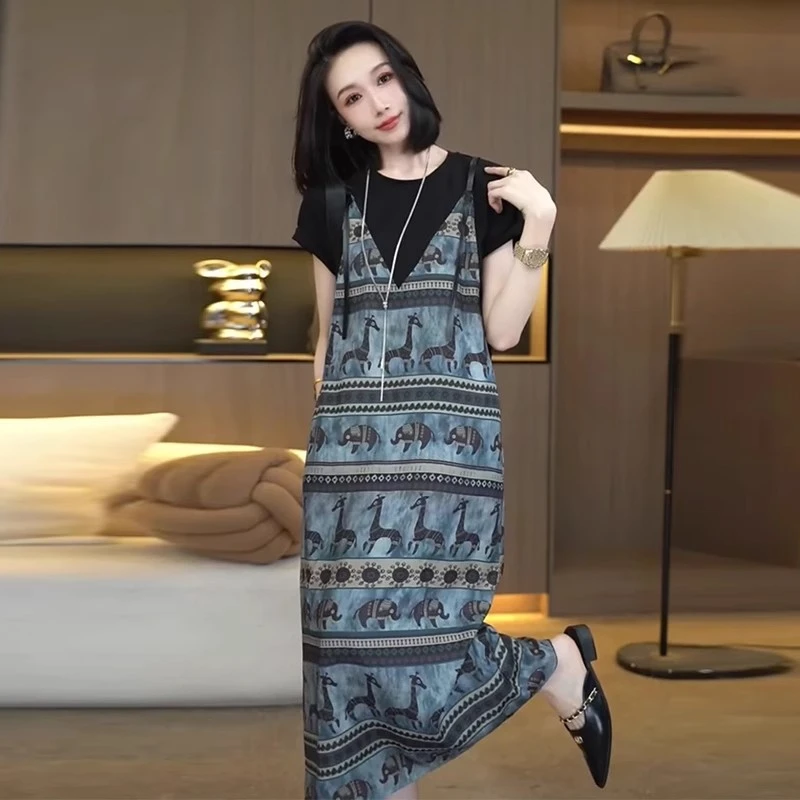 假两件连衣裙女2025夏季新款洋气显瘦宽松中长款减龄拼接背带裙子