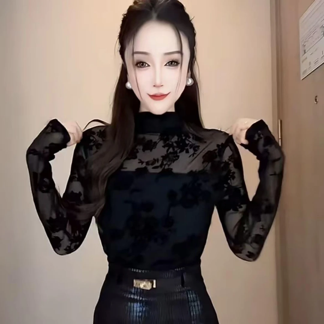 黑色蕾丝打底衫女春季款欧货洋气修身显瘦半高领加绒网纱长袖上衣