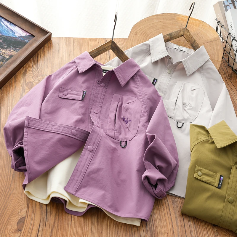 男女童纯色百搭工装风休闲衬衫2025春季新款翻领衫中大童洋气打底