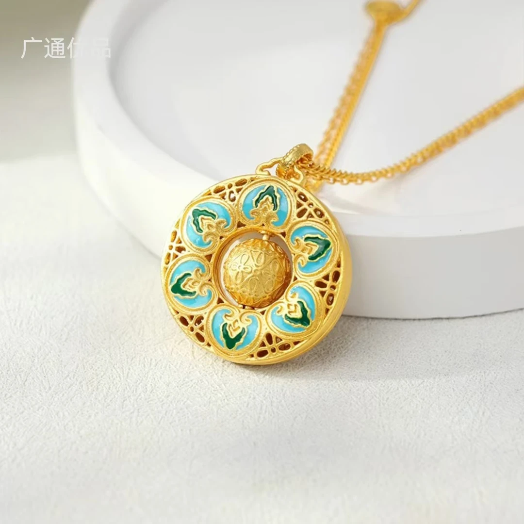 铜合金项链 宝相莲镜项链中式敦煌菱格四瓣花纹珠轻奢气质复古