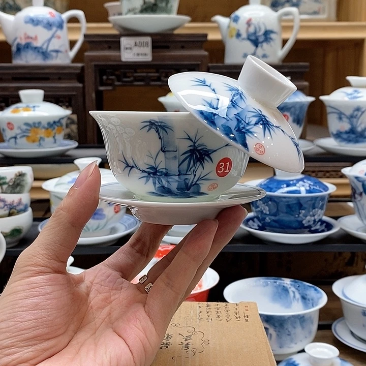 手绘竹子悬停盖碗150cc釉下彩微瑕福利款