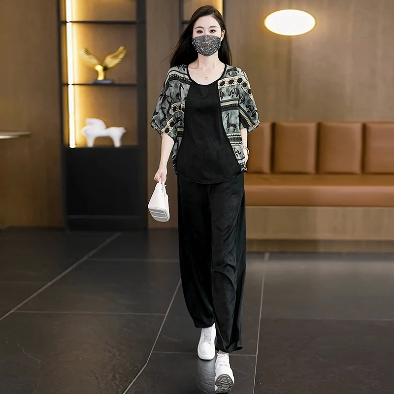 大码女装2025夏季新中式国风提花短袖时尚休闲宽松两件套薄款套装