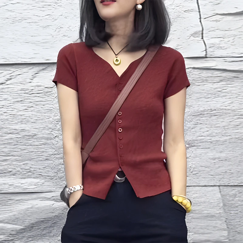 欧货纯色简约修身显瘦短袖t恤女士夏季2025新款时尚洋气休闲上衣