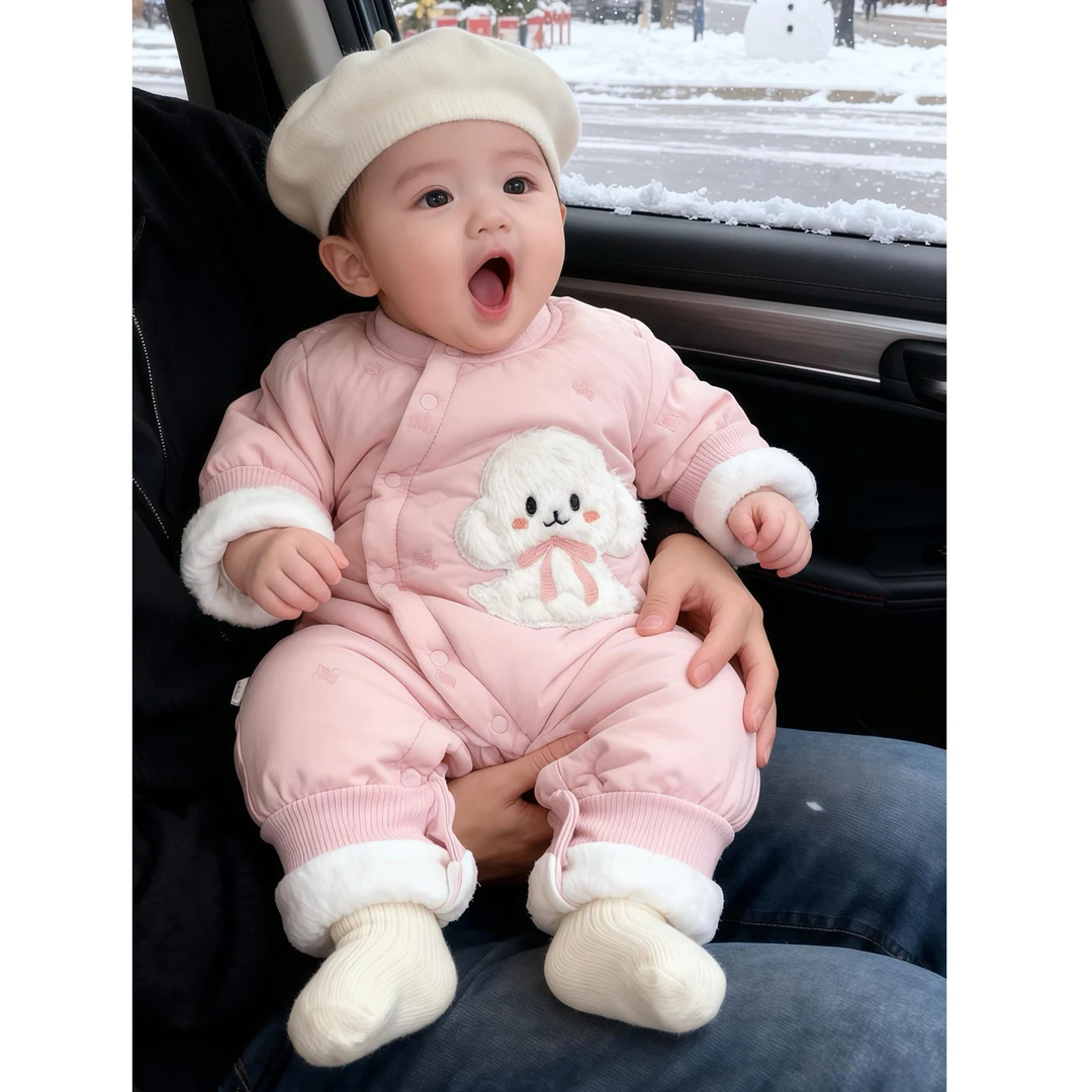 婴儿连体衣棉服冬装新款儿童加厚保暖卡通小狗哈衣爬服宝宝外出服