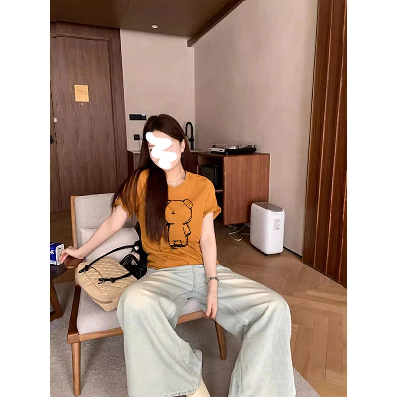 2025火爆常规正肩圆领短袖t恤女基础款橘色宽松休闲减龄上衣夏季