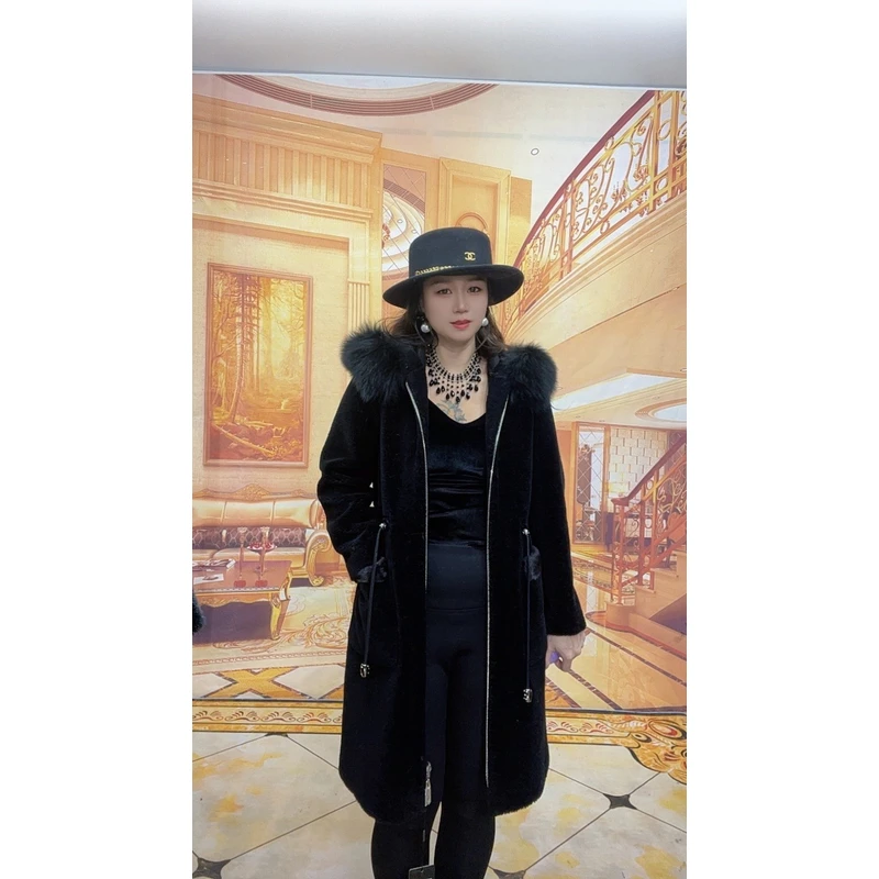 001新款黑色时尚女中长款大衣连帽一体领两面穿外套