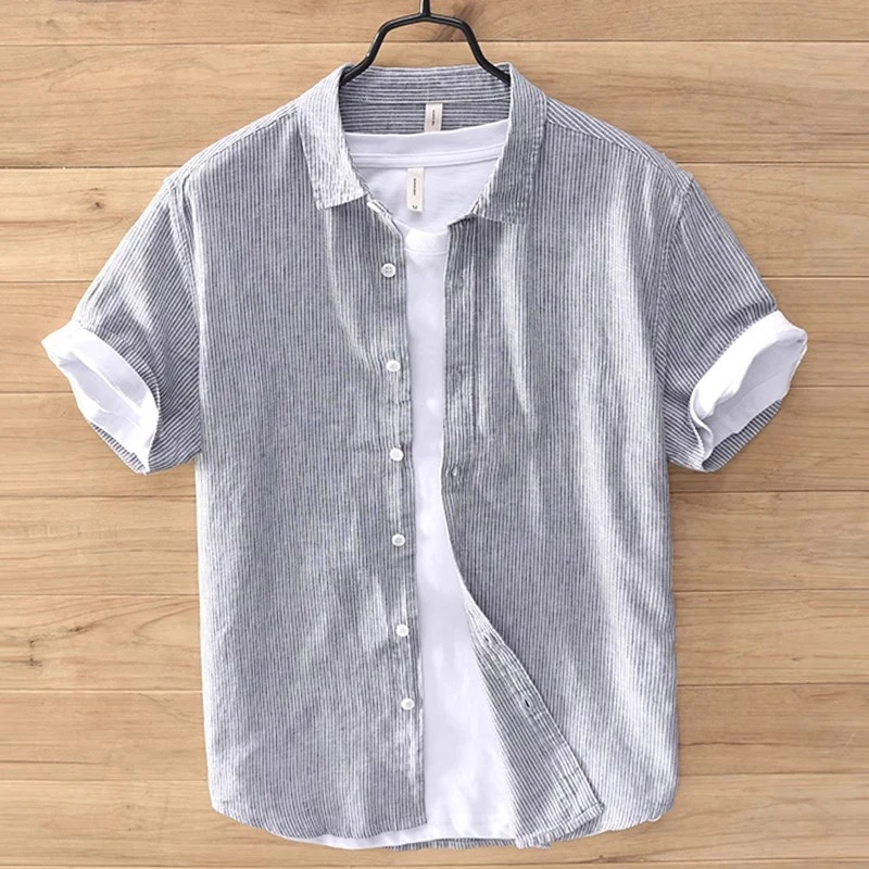 法国Cebrodz亚麻衬衫男短袖夏季薄款宽松潮流日系复古装棉麻衬衣