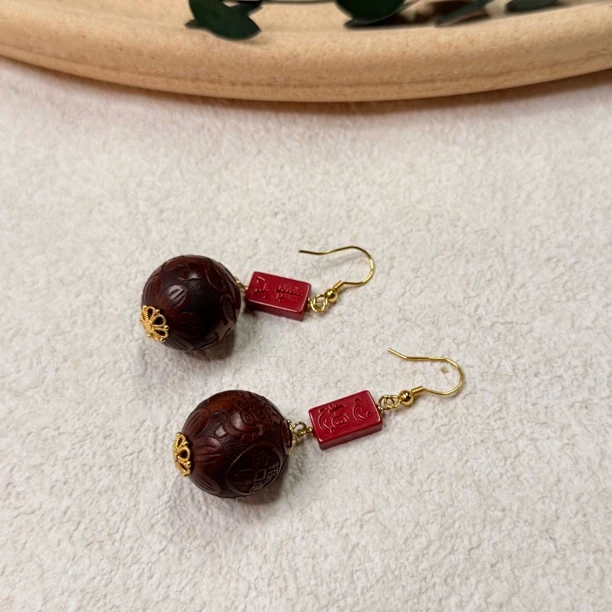 铜合金木质耳饰 【六六中古】孤品复古中式风耳环th5980