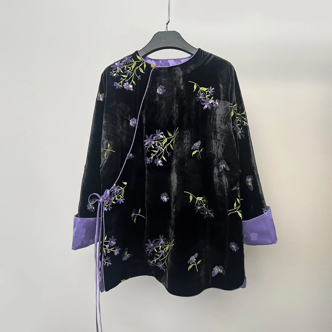 驷喜2025年春季新款真丝丝绒斜襟上衣外套女250168