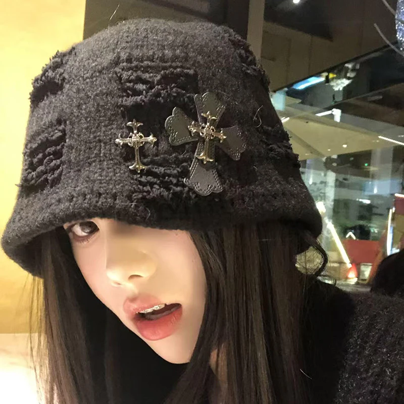 酷酷的！美式双十字架黑色针织帽女秋冬季大头围帽子毛线冷帽保暖