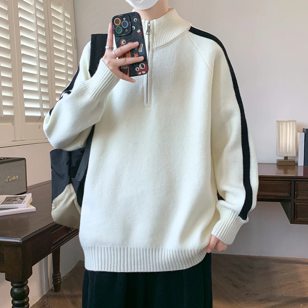 秋冬季加厚立领毛衣男孩高中初中学生青少年大童半拉炼针织打底衫