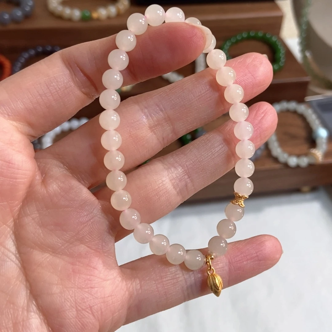 和田玉手链银S925镶嵌福利6mm藕粉