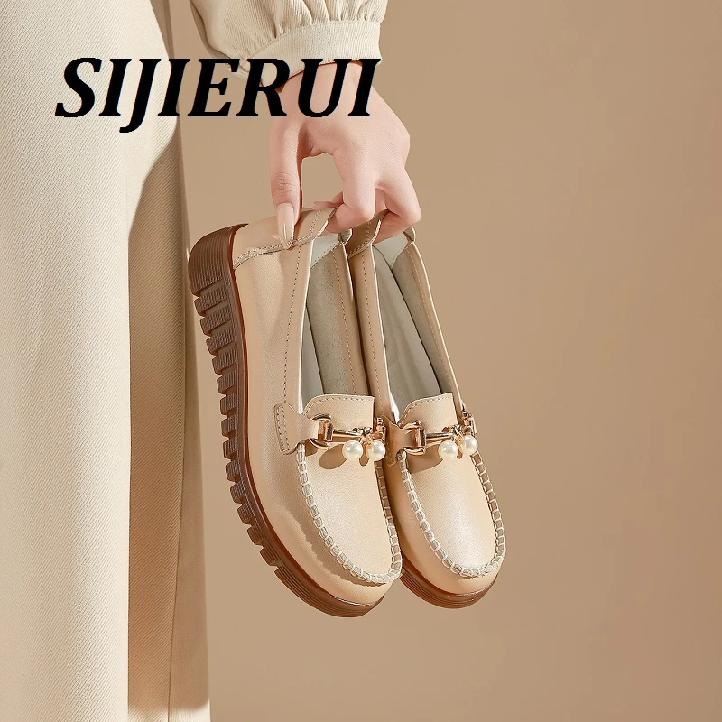 SIJIERUI豆豆鞋女2025年夏季平底舒适一脚蹬真皮软皮软底乐福鞋女