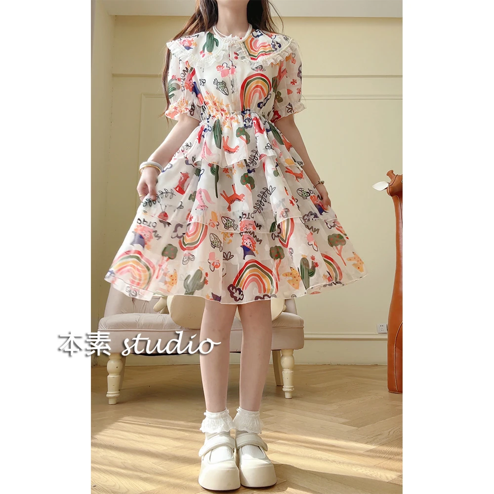 涂鸦C4354卡通印花腰侧抽绳半开扣串珠娃娃领短袖连衣裙