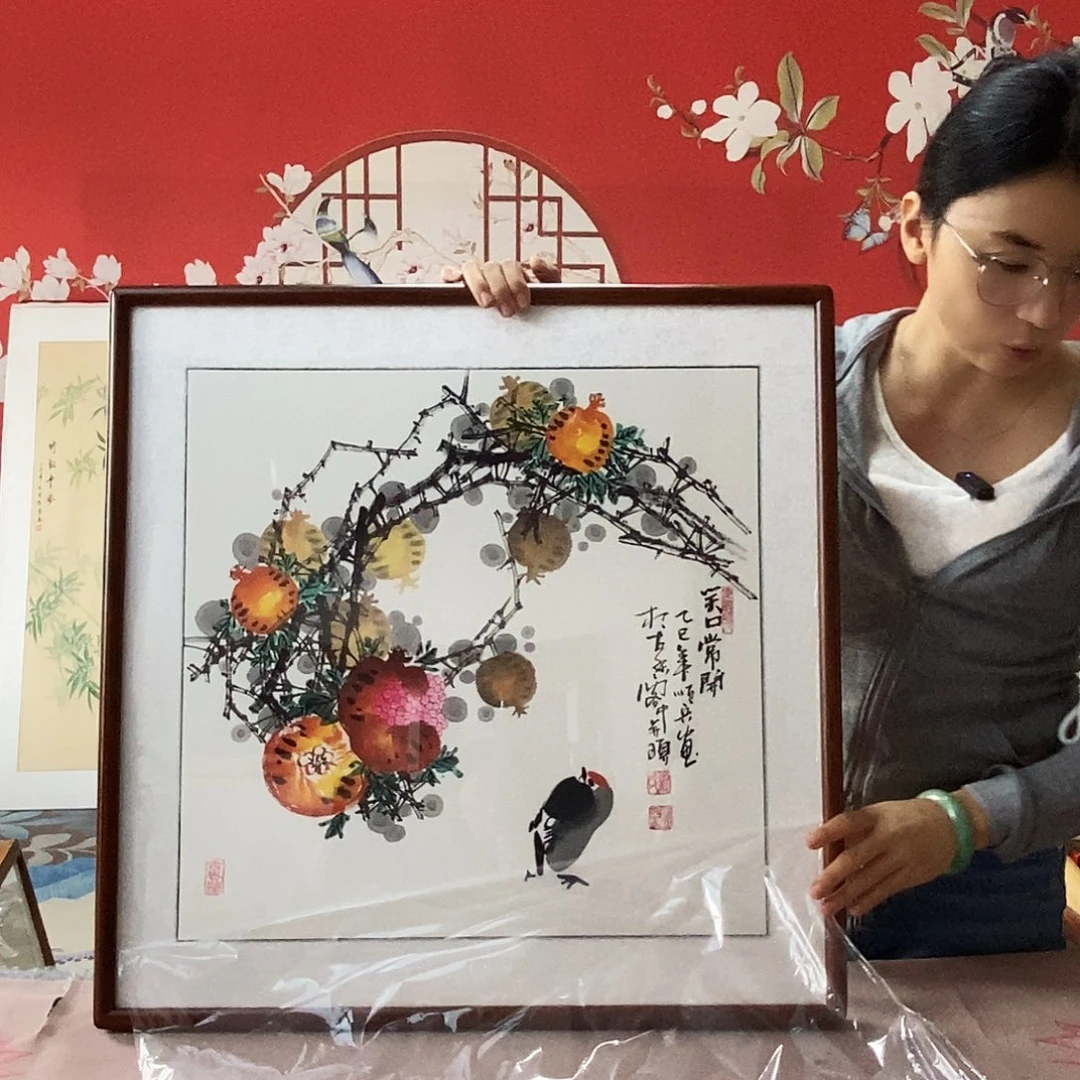 国画手写手绘国画作品带框包邮62✖️62