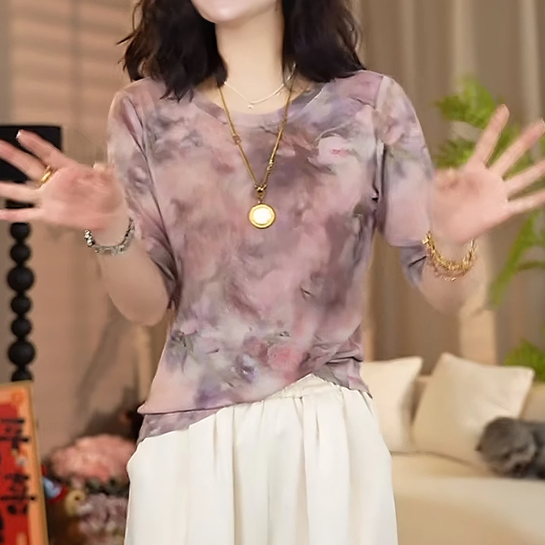 水墨画扎染网纱长袖T恤女夏季欧货薄款修身显瘦冰丝防晒罩衫上衣