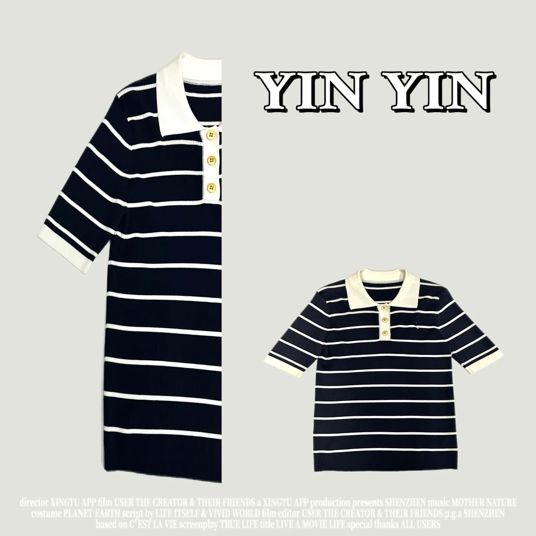 时尚针织女士轻职风黑条纹POLO领上衣