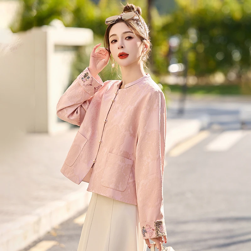 粉色国风新中式提花盘扣外套女2025春季新款气质高级感唐装上衣女