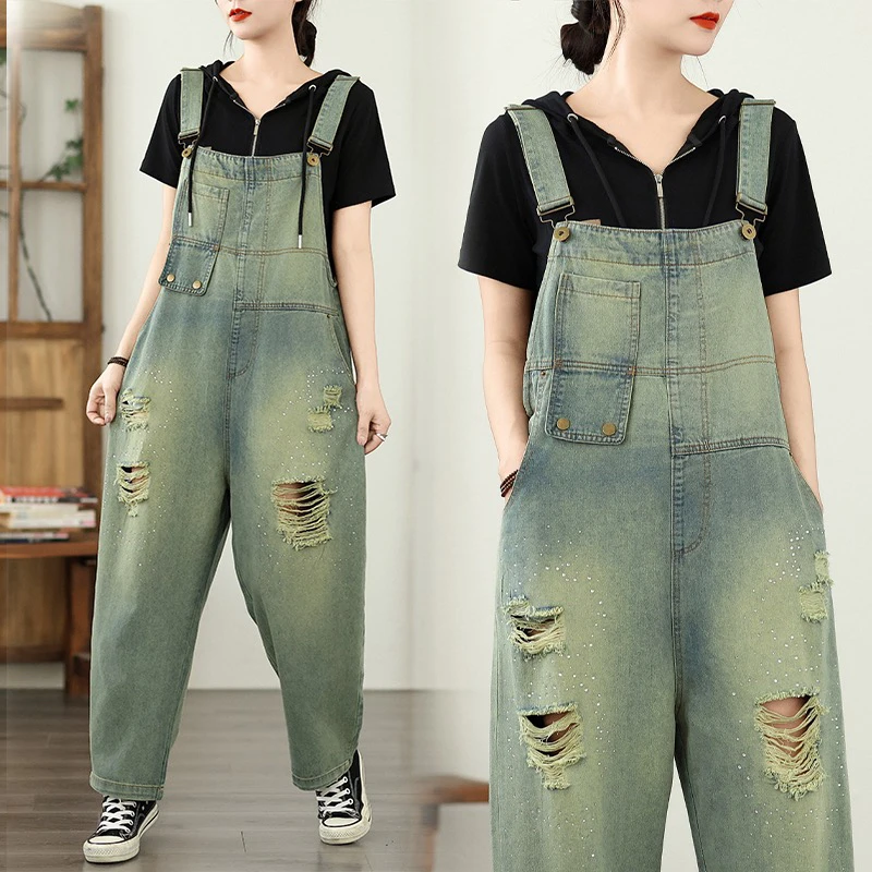 设计感高腰破洞时尚减龄牛仔背带裤女夏季薄款大码梨型身材显瘦潮