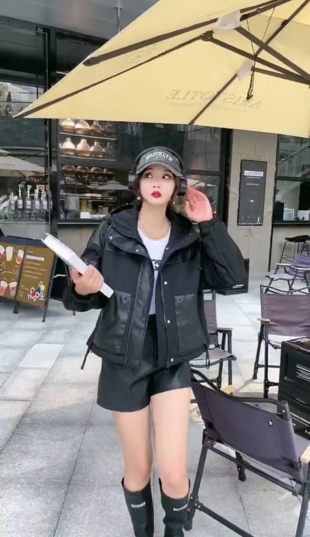 【加绒拼皮】冬季保暖时尚洋气百搭纯色短款百搭外套6837