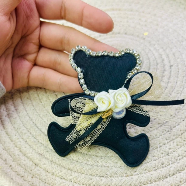 HC0255 黑色小熊蕾丝蝴蝶结米色玫瑰鸭夹
