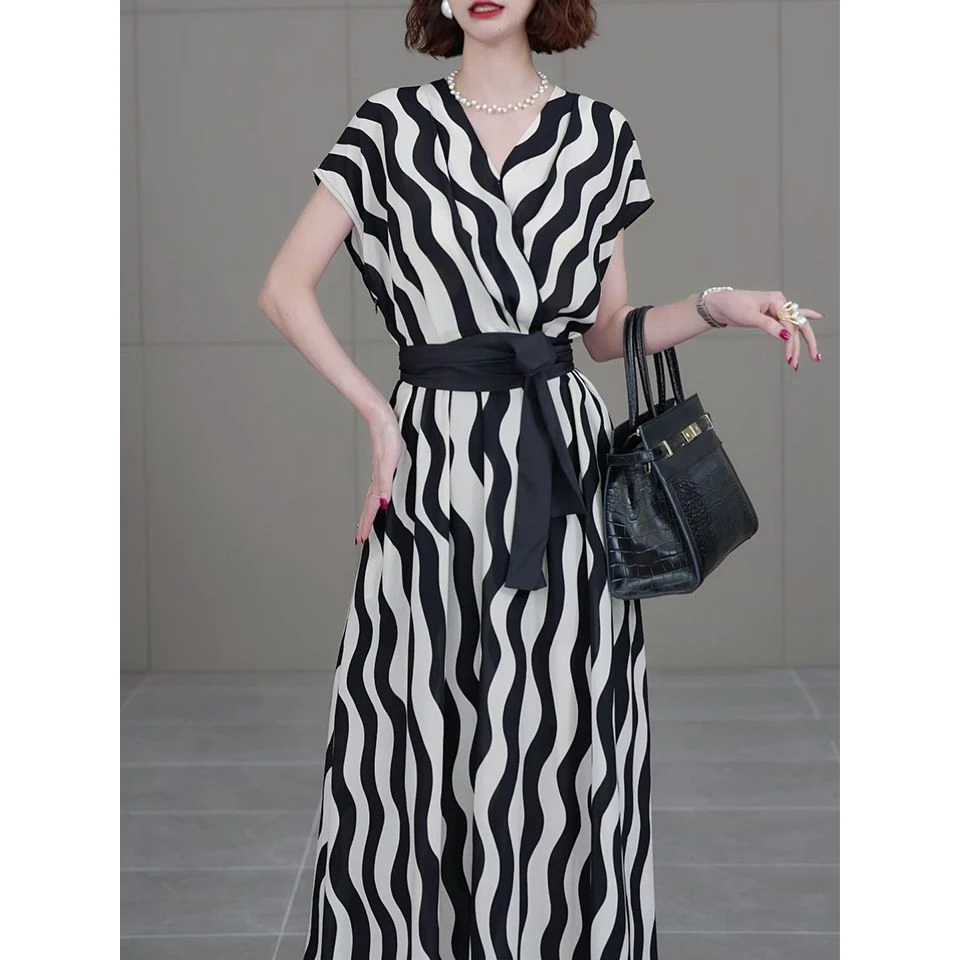 洋气拼接连衣裙2025夏季中长款A字裙轻熟女神收腰显瘦中长裙裙子