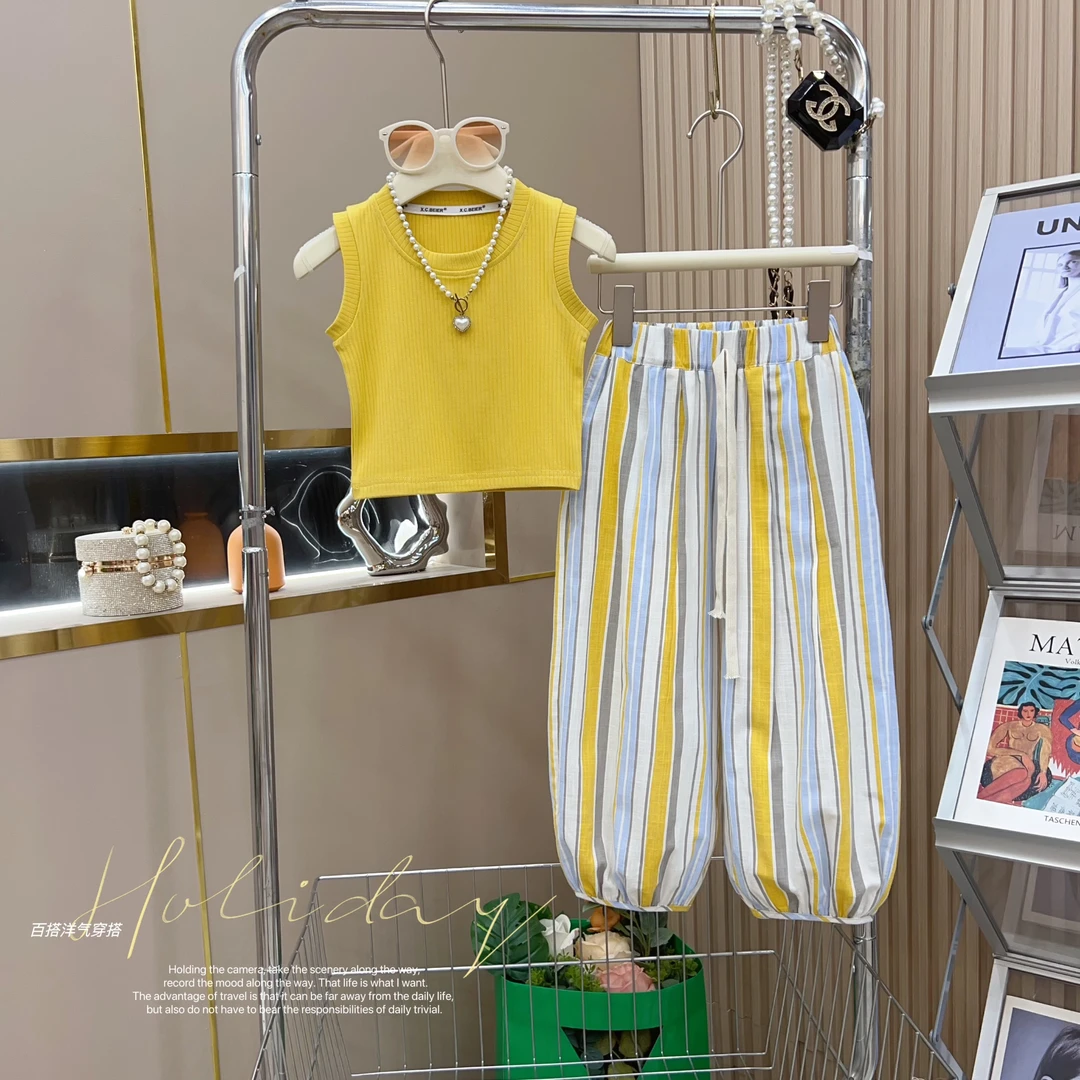 女童2024夏季新款韩版洋气背心+条纹棉裤子两件套-9167