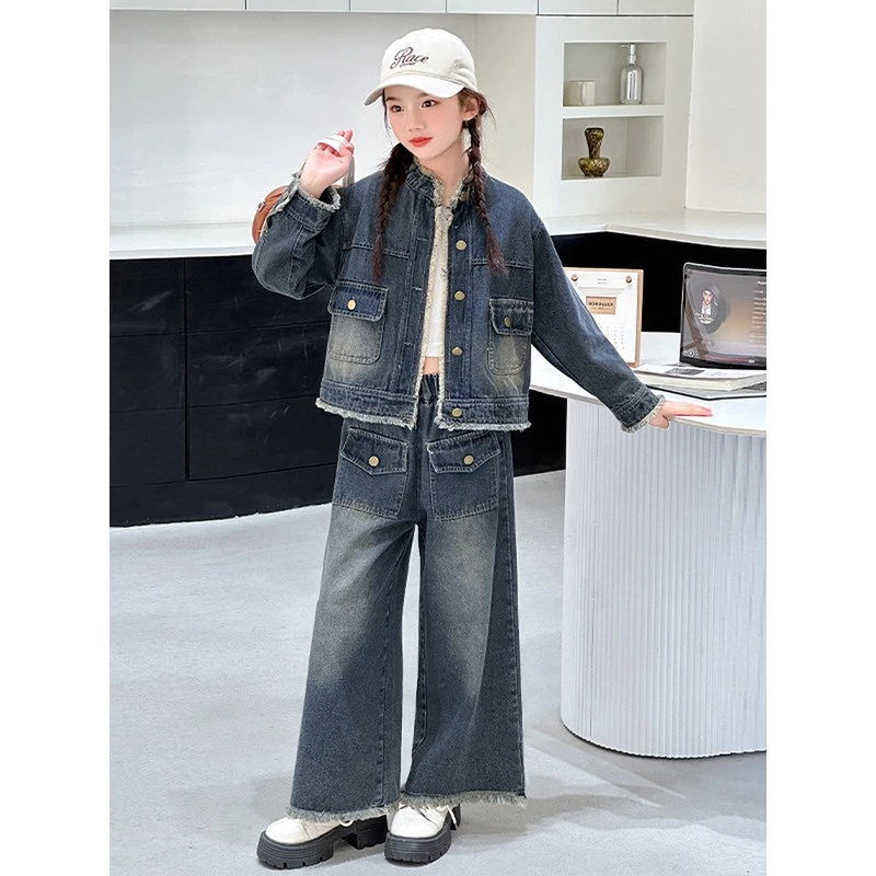 新疆西藏内蒙包邮女童牛仔春秋套装新款2025洋气韩版中大童外套两