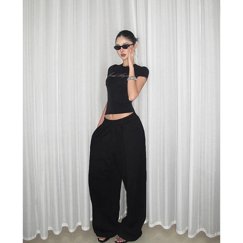 TWOMILLION烫钻紧身短袖T恤短裤/纯色百搭阔腿裤休闲卫裤