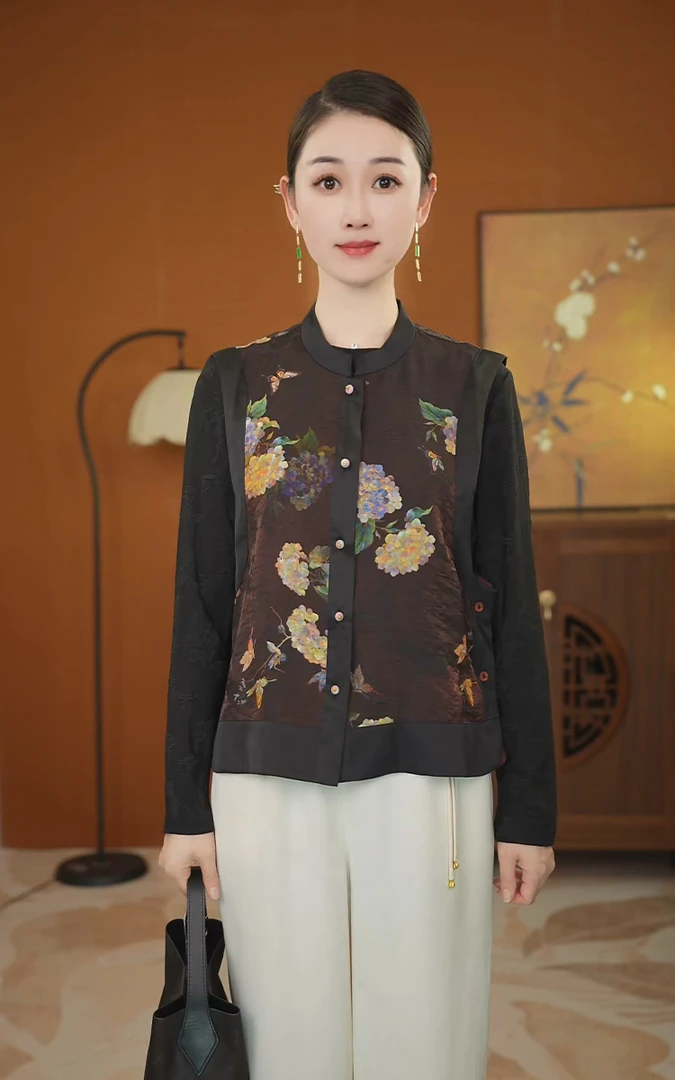 绣球花新款双穿国风百搭气质香云纱厚款网红中老年女装新中式纽扣