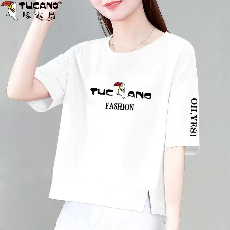 啄木鸟纯棉短袖t恤女2025夏季韩版开叉宽松大码显瘦遮肚体恤上衣