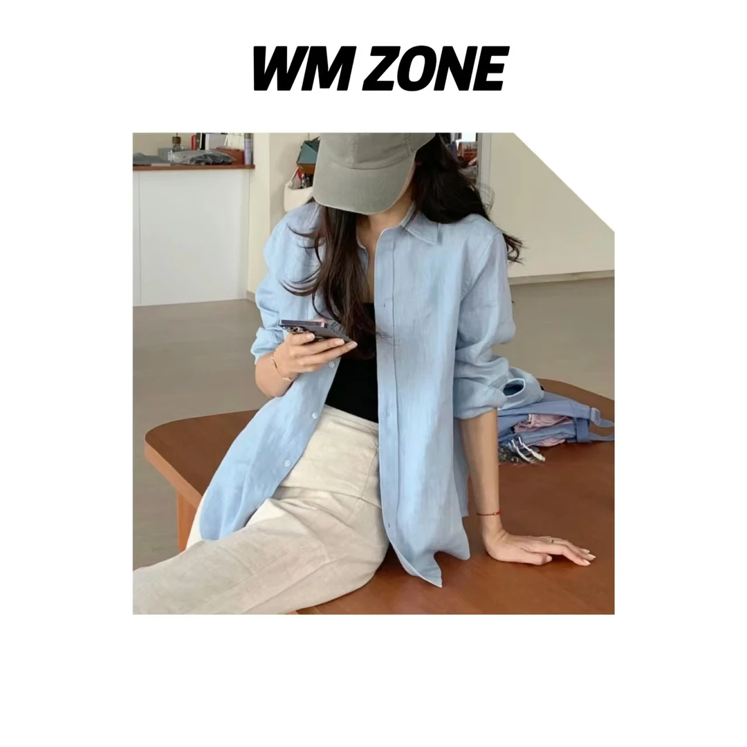 虎儿 3-3511 蓝色宽松亚麻衬衫