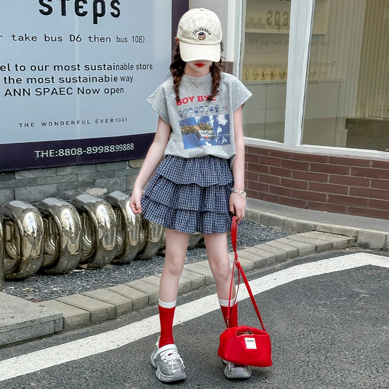 女童夏季裙子套装2025新款洋气美式复古儿童短袖T恤格子蛋糕裙子