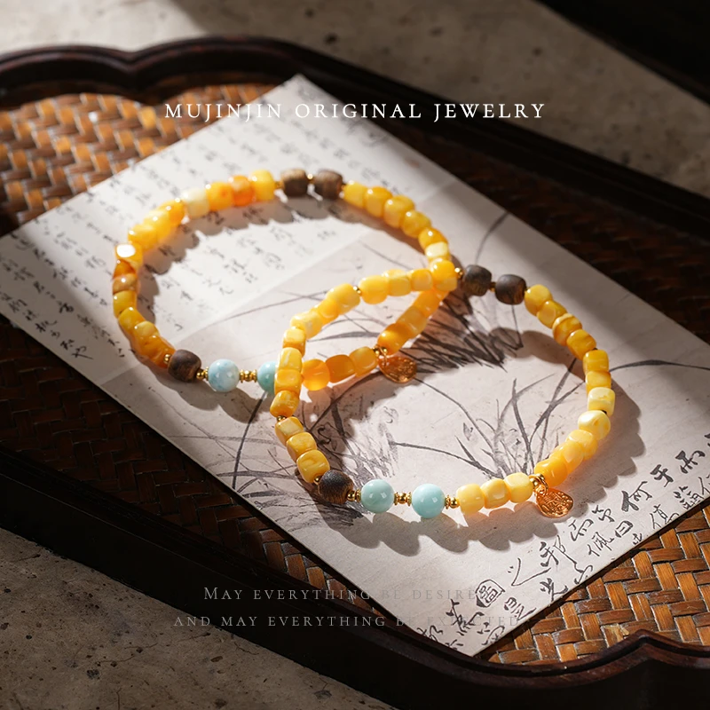 【木槿槿】天然鸡油黄老花蜡随型方糖手链女款约4m手串多样性发一