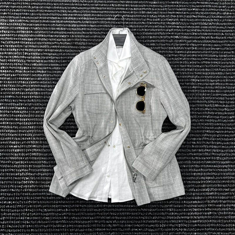 CssuGent那不勒斯皇后人字纹立领无结构夹克男高端绅装商务外套