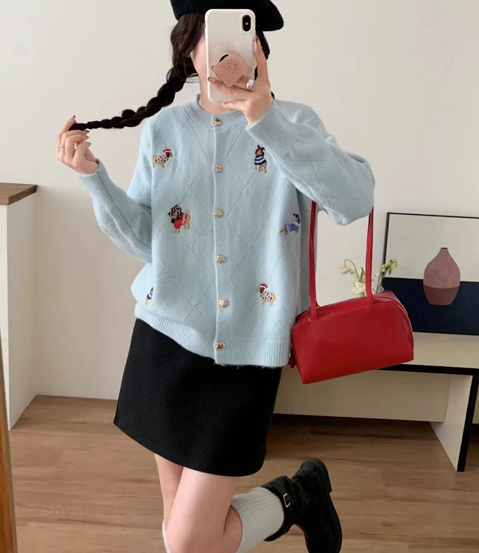 新年开衫毛衣针织衫时尚卡通绣花秋季女装休闲百搭圆领秋冬韩版