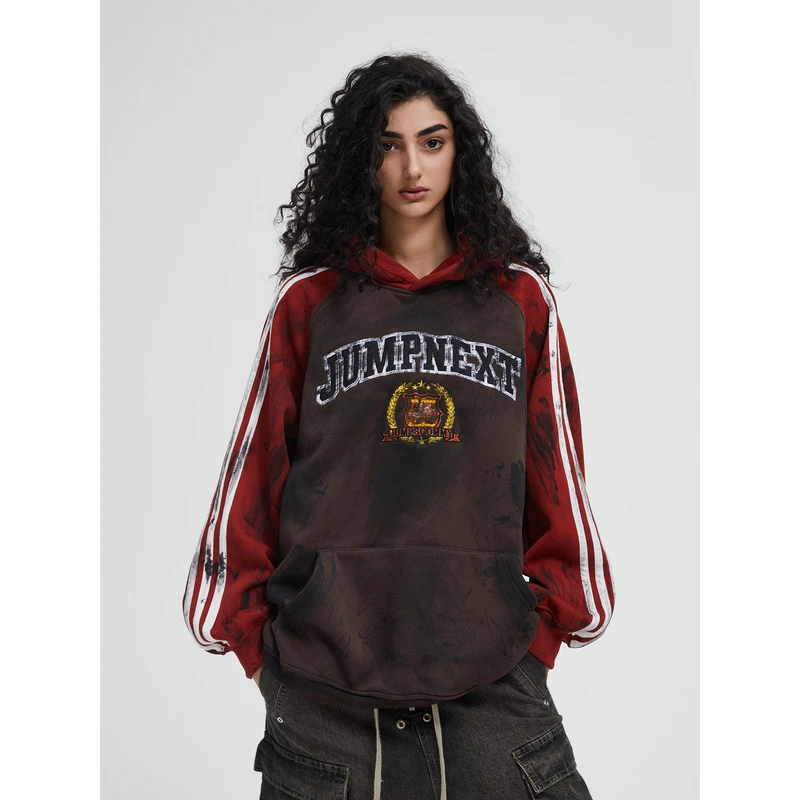 JUMPNEXT重磅420G洗水做旧dirtyfit贴布刺绣割破宽松连帽加绒卫衣