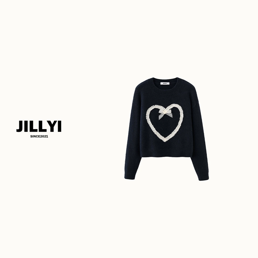 jillyi【蝴蝶印记】深蓝色圆领蕾丝爱心装饰少女风时尚百搭针织衫