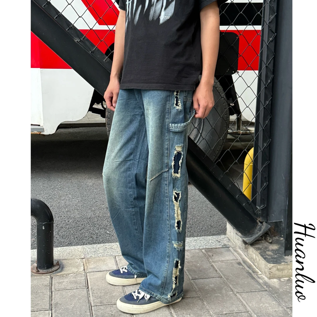 夏季新款美式宽松直筒水洗侧边大破洞阔腿牛仔裤男显瘦潮流长裤男
