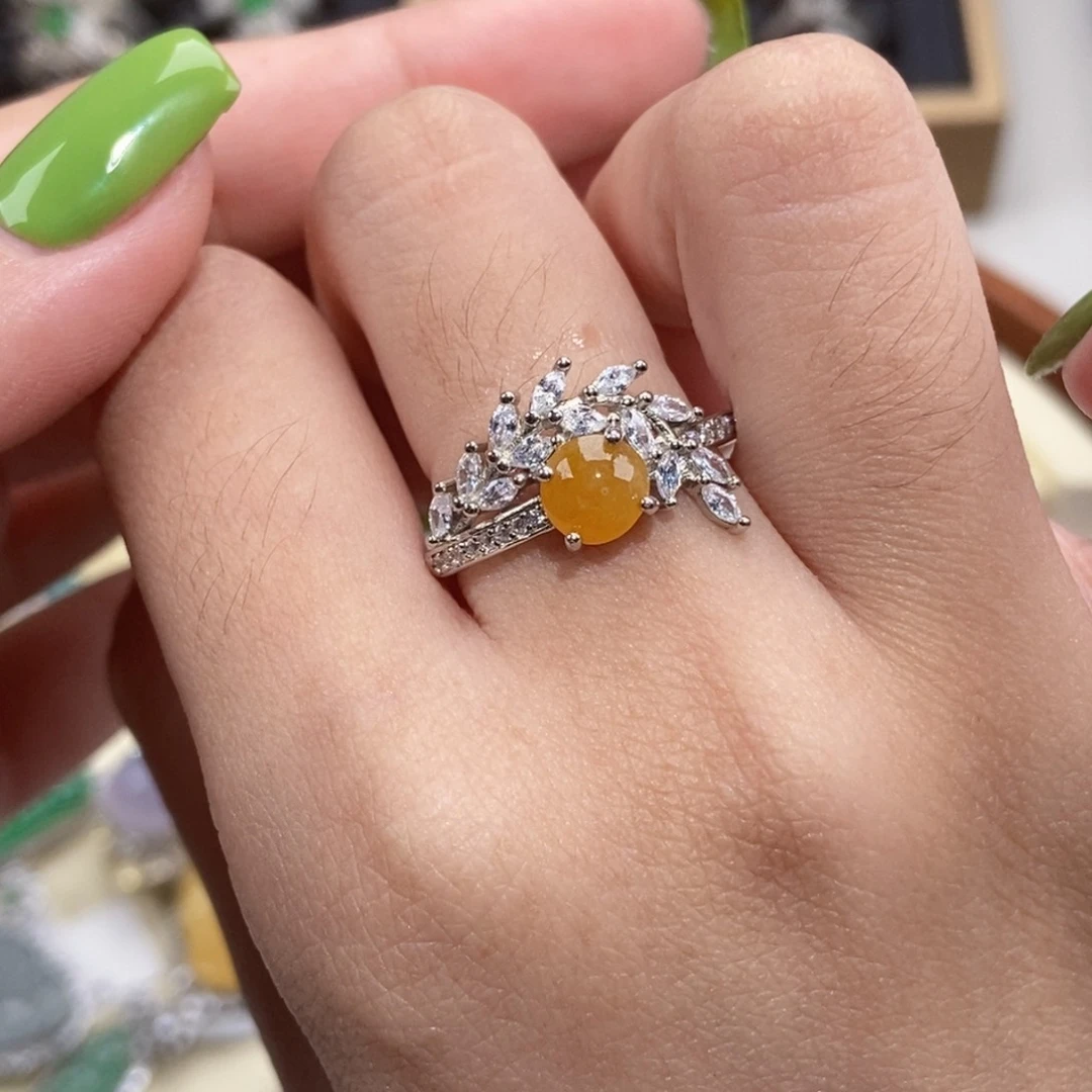 翡翠戒指银S925镶嵌纯天然缅甸翡翠a货黄翡戒指