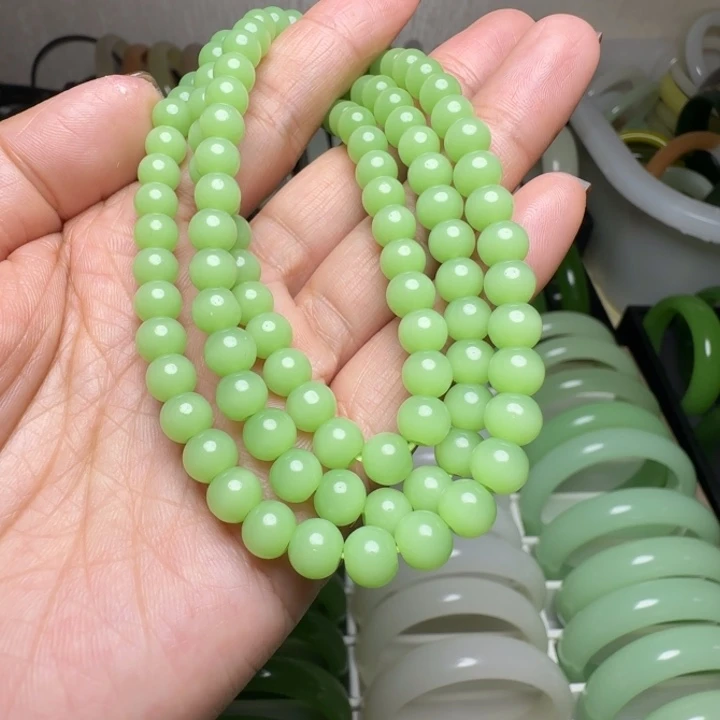 天然新疆老料苹果绿108颗珠链
