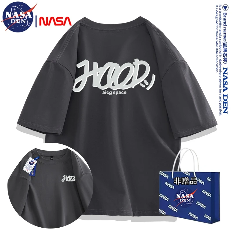 NASA联名重磅复古风男女T恤短袖夏季纯棉落肩袖潮牌ins印花上衣